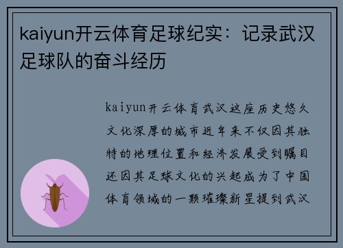 kaiyun开云体育足球纪实：记录武汉足球队的奋斗经历